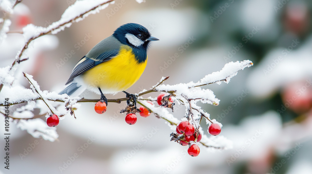 Yellow and black bird perched on snowy berry branch Yellow and black bird perched on snowy berry branch