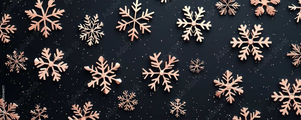 Scattered geometric snowflakes in rose gold, placed on a dark charcoal background with subtle gradients for a sleek 3D appearance, modern and chic Scattered geometric snowflakes in rose gold, placed on a dark charcoal background with subtle gradients for a sleek 3D appearance, modern and chic