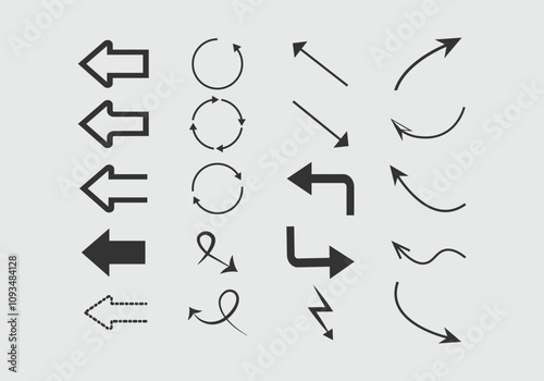 Directional arrow sign or icons set design .Thin To Thick Arrows  Isolated arrow down icon .   