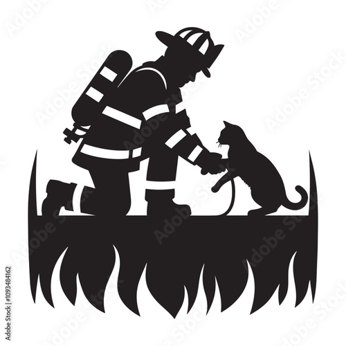 Firefighter rescuing a cat silhouette vector art black color design and solid white background  photo