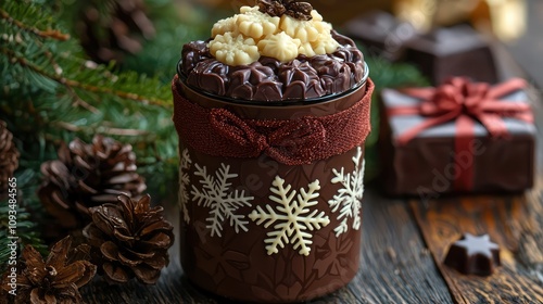 Festive Christmas Jar with Decorative Chocolate Topping Surrounded by Pinecones, Greenery, and Holiday Gifts, Evoking Warmth and Cheer During the Holiday Season