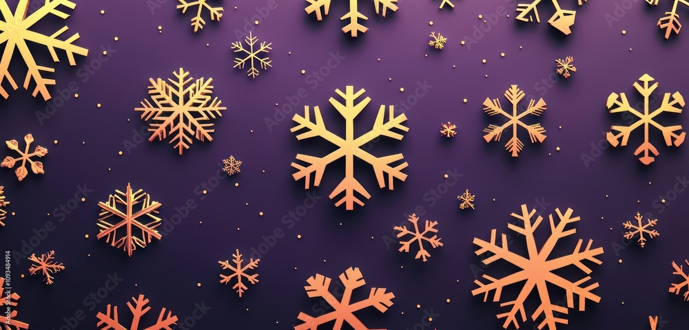 Scattered geometric snowflakes in bright gold, set against a deep plum background with subtle gradients for a polished 3D appearance, chic and stylish Scattered geometric snowflakes in bright gold, set against a deep plum background with subtle gradients for a polished 3D appearance, chic and stylish