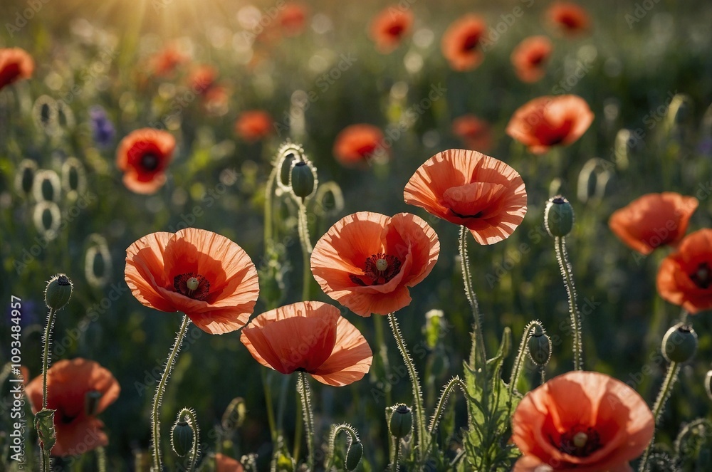 Fototapeta premium Red poppies in the fields in the sunlight.
