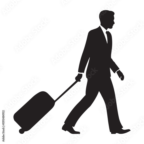 Man pulling a suitcase silhouette vector art black color design and solid white background 