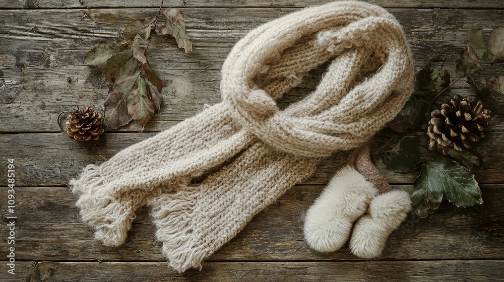 Cozy Winter Accessories Featuring a Soft Knit Scarf and Warm Mittens on Rustic Wooden Background with Pinecones and Autumn Leaves Cozy Winter Accessories Featuring a Soft Knit Scarf and Warm Mittens on Rustic Wooden Background with Pinecones and Autumn Leaves