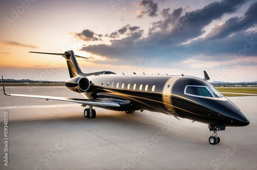 The business Jet plane is parked at the airport.Luxury class. photo