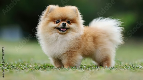 Adorable fluffy Pomeranian dog standing on green grass with a joyful expression, showcasing its playful nature and vibrant personality in a charming outdoor setting.