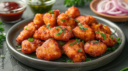 Top above view of chicken nuggets wings on a plate, copy space. Delicious crispy fried meat fast junk food, unhealthy crunchy restaurant meal, yummy gourmet, dinner calories nutrition.