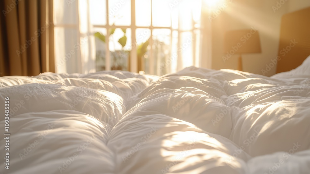 Soft and Cozy Bed with White Comforter Glowing in Morning Sunlight, Creating a Warm and Inviting Atmosphere in a Modern Bedroom Soft and Cozy Bed with White Comforter Glowing in Morning Sunlight, Creating a Warm and Inviting Atmosphere in a Modern Bedroom