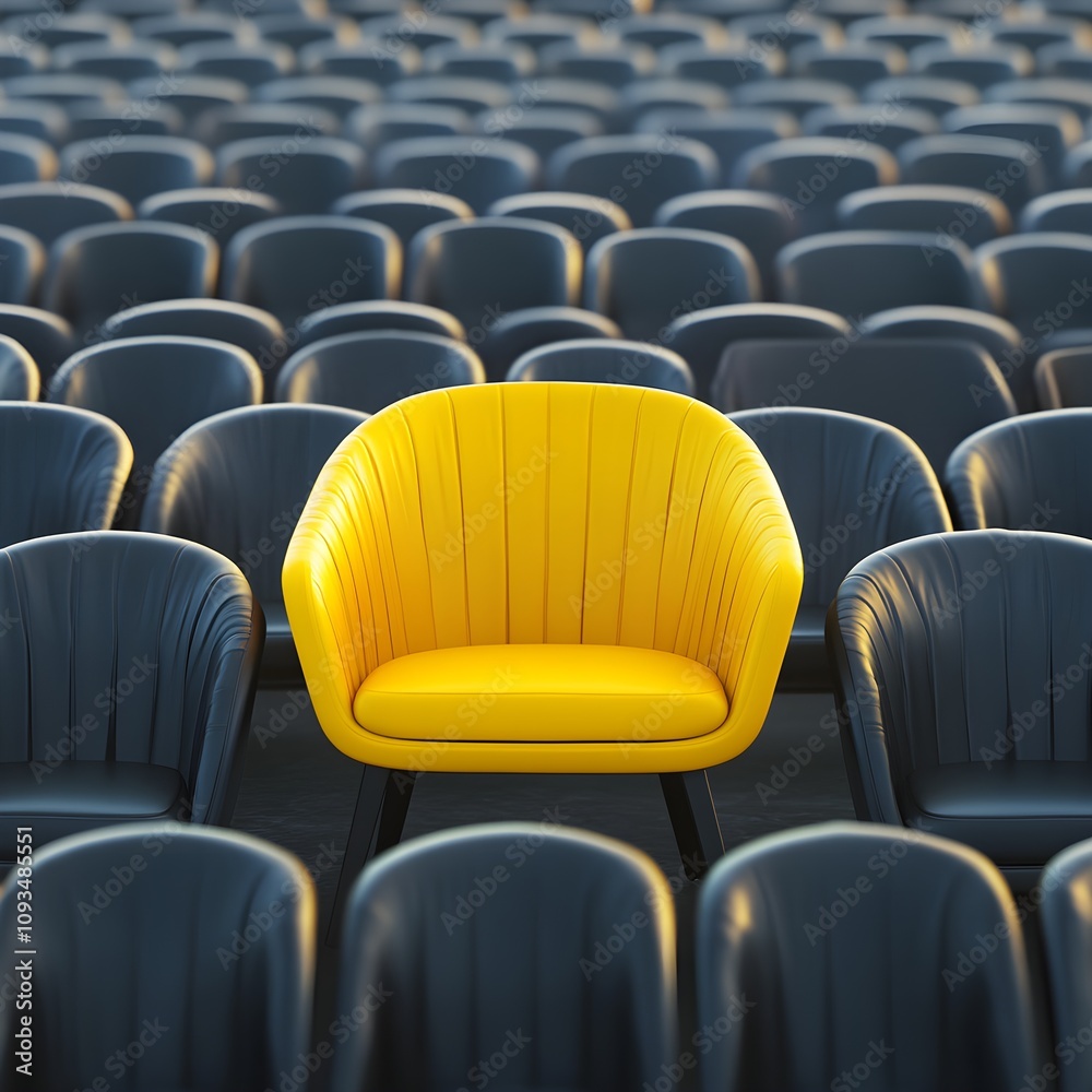 Obraz premium A Single Vibrant Yellow Chair Amongst Rows of Black Seating in a Modern Auditorium, Highlighting Individuality and Contrast in Design and Space