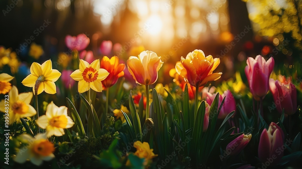 Vibrant Spring Garden with Colorful Tulips and Daffodils Bathed in Warm Sunset Light in a Beautiful Natural Setting Vibrant Spring Garden with Colorful Tulips and Daffodils Bathed in Warm Sunset Light in a Beautiful Natural Setting