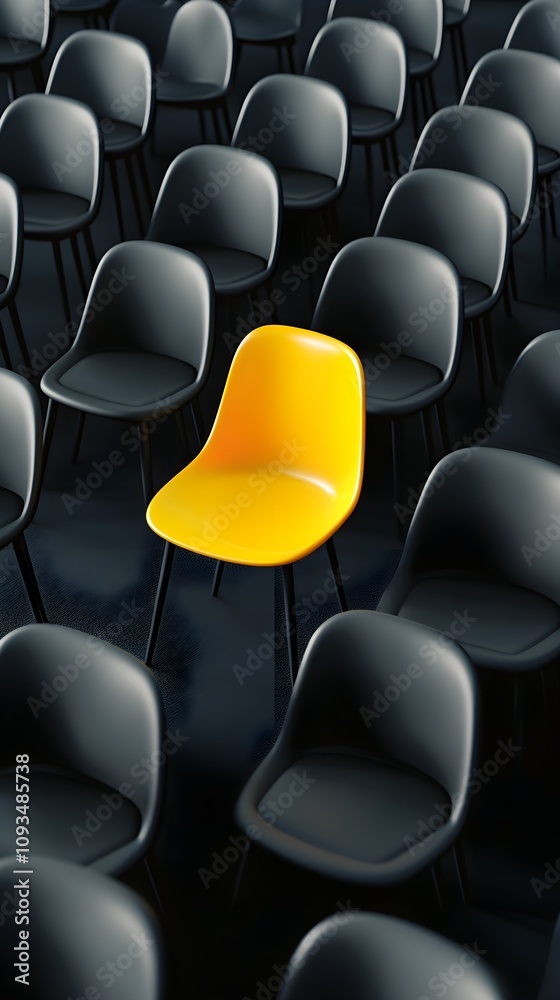 Obraz premium A Bright Yellow Chair Stands Out in a Sea of Black Chairs, Symbolizing Individuality and Choice in Modern Design and Minimalistic Settings