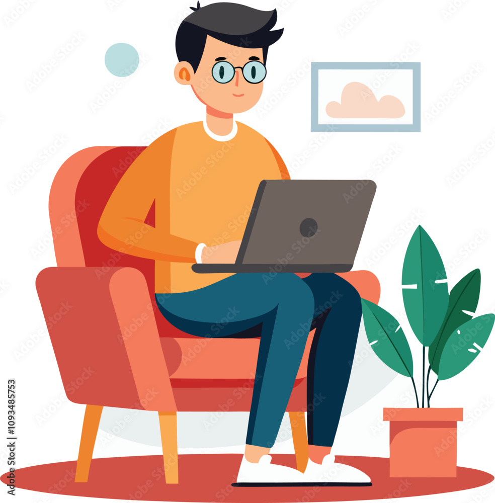 a boy is using his laptop vector a boy is using his laptop vector