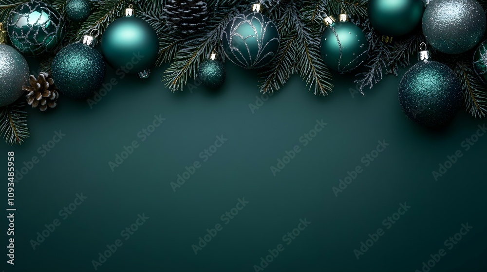 dark green christmas decoration background with ornaments and empty copy space dark green christmas decoration background with ornaments and empty copy space