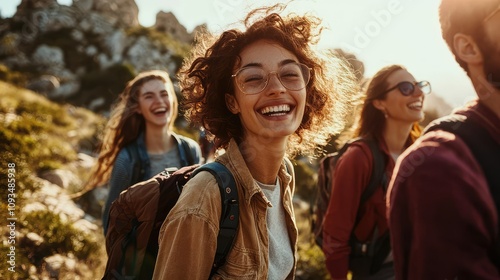 Joyful group of friends hiking through a scenic landscape during sunset, showcasing happiness and adventure in the great outdoors with beautiful smiles and natural surroundings