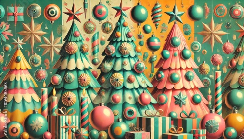 Whimsical Christmas Trees with Colorful Decorations and Festive Ornaments