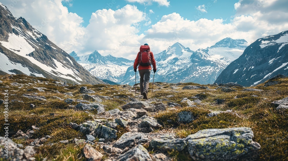 Obraz premium Adventurous Hiker Journeying Through Majestic Mountain Landscape Surrounded By Snow-Capped Peaks Under Clear Blue Sky and Fluffy Clouds