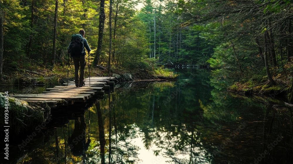 Serene Hiker on Wooden Pathway Over Calm Water Surrounded by Lush Green Forest in Peaceful Nature Setting at Golden Hour Serene Hiker on Wooden Pathway Over Calm Water Surrounded by Lush Green Forest in Peaceful Nature Setting at Golden Hour