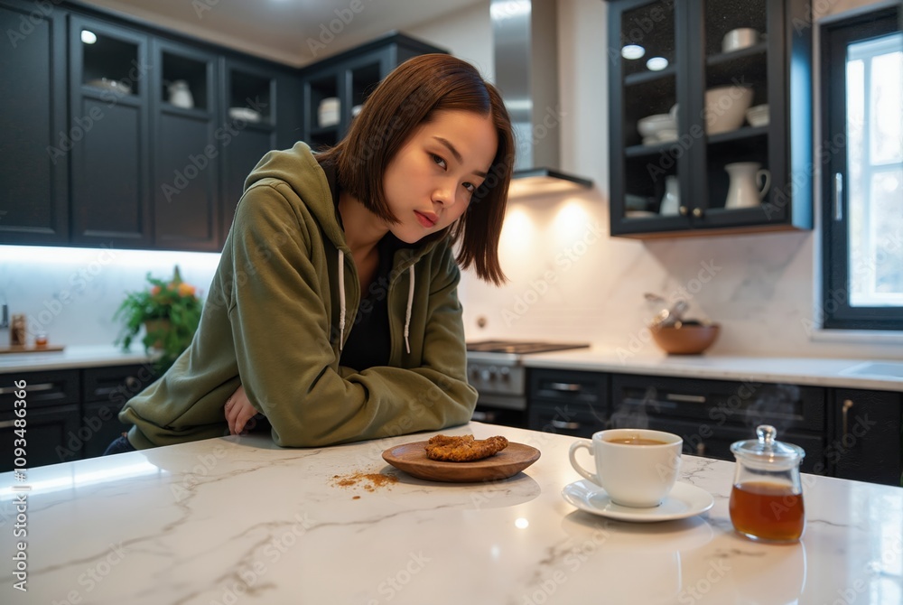 A young woman with long brown hair, wearing an olive-green hoodie and black leggings, leans on a kitchen counter.