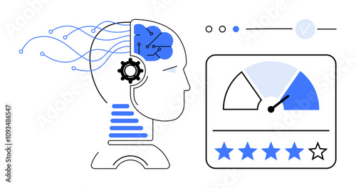 Human head with mechanical brain symbolizing AI, performance gauge depicting assessment. Ideal for technology, innovation, AI, human-machine interaction, performance evaluation, research, futurism