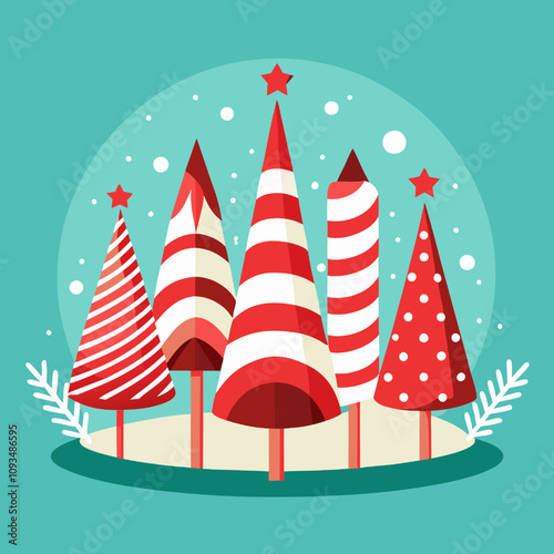 Vector Merry Christmas Treetops: A whimsical illustration of five stylized Christmas trees, each uniquely decorated in red and white candy cane stripes and polka dots