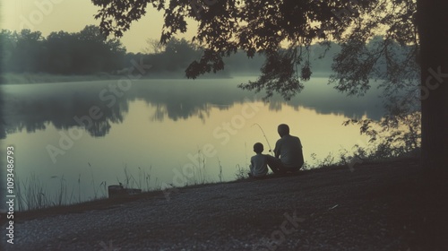 Father and son fishing at misty lakeside during sunrise, vintage retro style