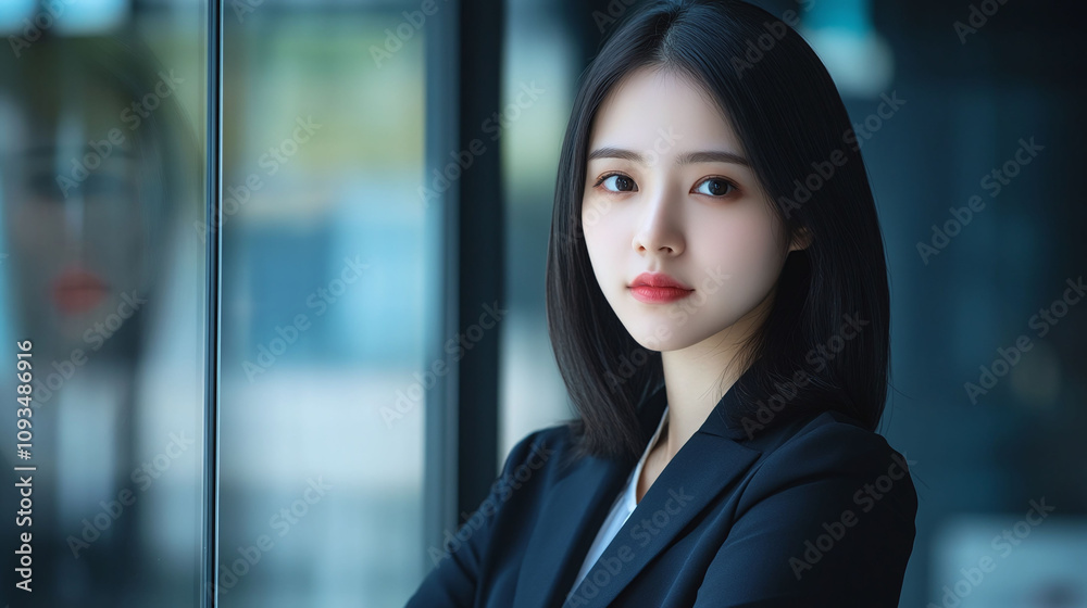 Confident young executive with a sleek straight center-parted style in jet black framing her face powerfully Confident young executive with a sleek straight center-parted style in jet black framing her face powerfully
