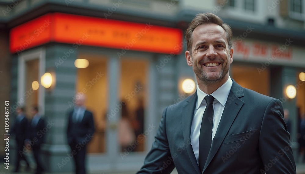 Confident businessman smiling cheerfully outside urban storefront Confident businessman smiling cheerfully outside urban storefront