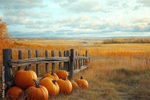 A serene autumn landscape featuring pumpkins beside a rustic wooden fence. photo