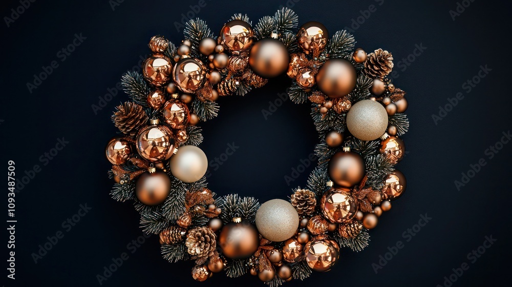 Large copper wreath set against a dark navy blue background, highlighted with brass and cream ornaments. Warm, inviting holiday design with a focus on oversized metallic decor. Large copper wreath set against a dark navy blue background, highlighted with brass and cream ornaments. Warm, inviting holiday design with a focus on oversized metallic decor.