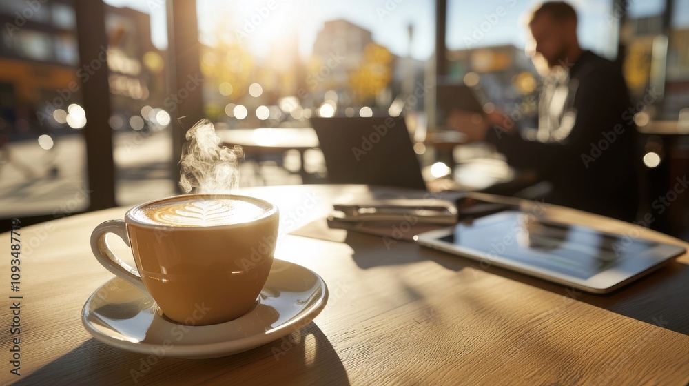Coffee enjoyment urban cafe beverage warm atmosphere morning light relaxation concept Coffee enjoyment urban cafe beverage warm atmosphere morning light relaxation concept