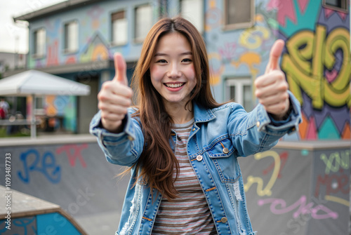 Photo of a smiling Asian woman in a blue denim jacket, giving a thumbs-up, with graffiti-filled background. photo