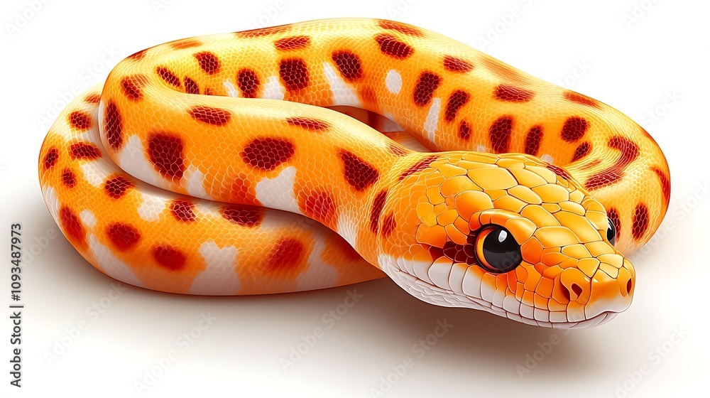 Orange and red spotted python coiled on white background. Orange and red spotted python coiled on white background.