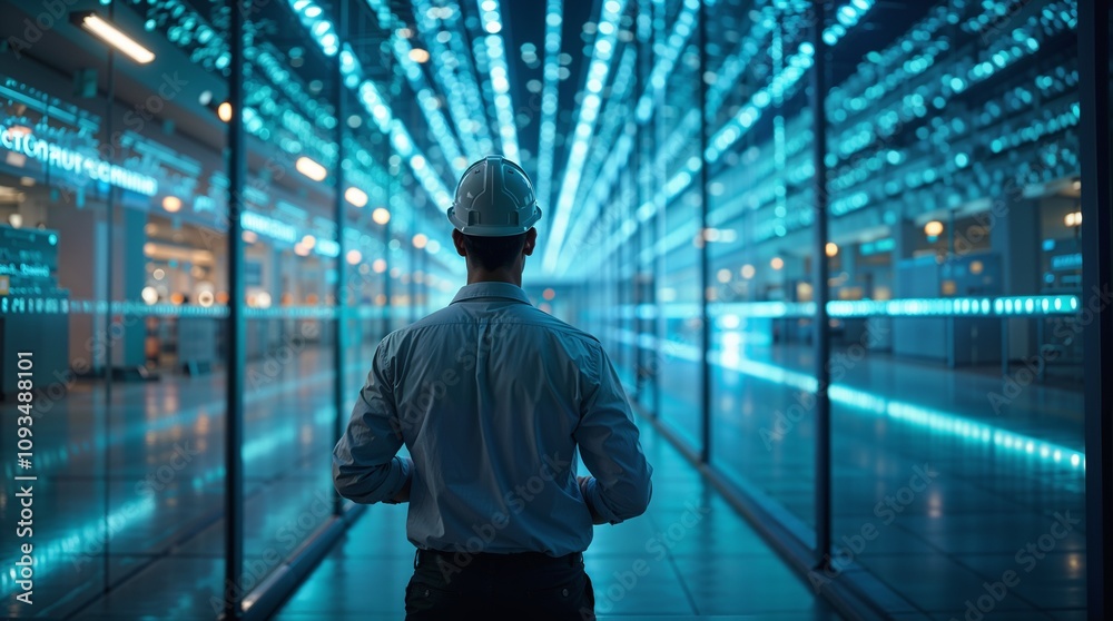 Engineer stand in front of the building's floor-to-ceiling fiber optic glass. Engineer stand in front of the building's floor-to-ceiling fiber optic glass.