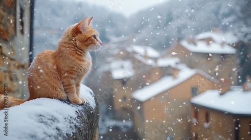 A snow-dusted cat sitting atop a stone wall overlooking a quaint village covered in snow photo