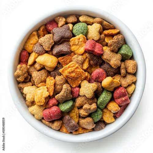 bowl of #dog dry broun food top view isolated on white background, colorful food