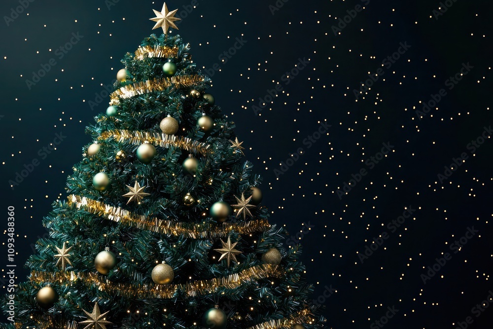 Large emerald green Christmas tree with soft gold tinsel on a dark background, adorned with gold stars and reflective baubles. Classic and elegant holiday theme with oversized elements. Large emerald green Christmas tree with soft gold tinsel on a dark background, adorned with gold stars and reflective baubles. Classic and elegant holiday theme with oversized elements.