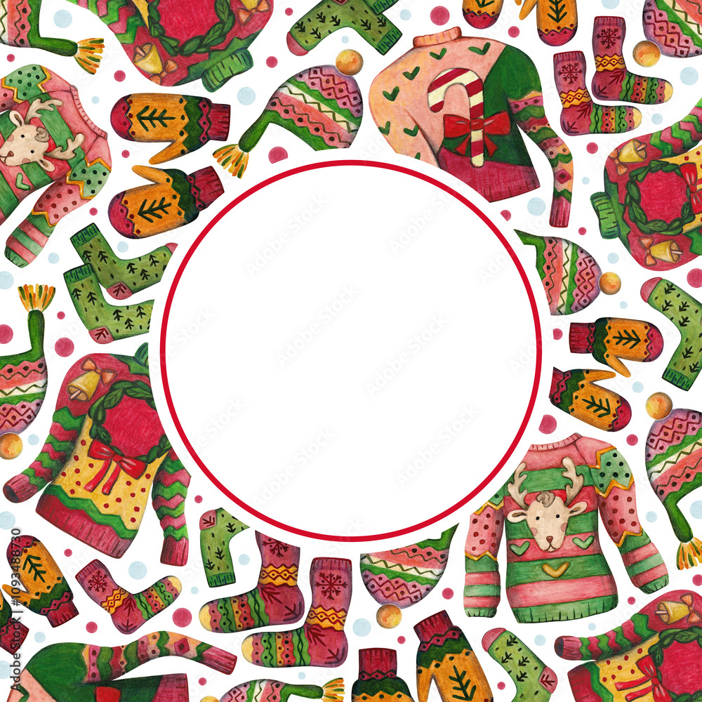 Fototapeta premium Ugly Christmas sweaters, hat, socks and mittens in a round frame Watercolor illustration with place for text