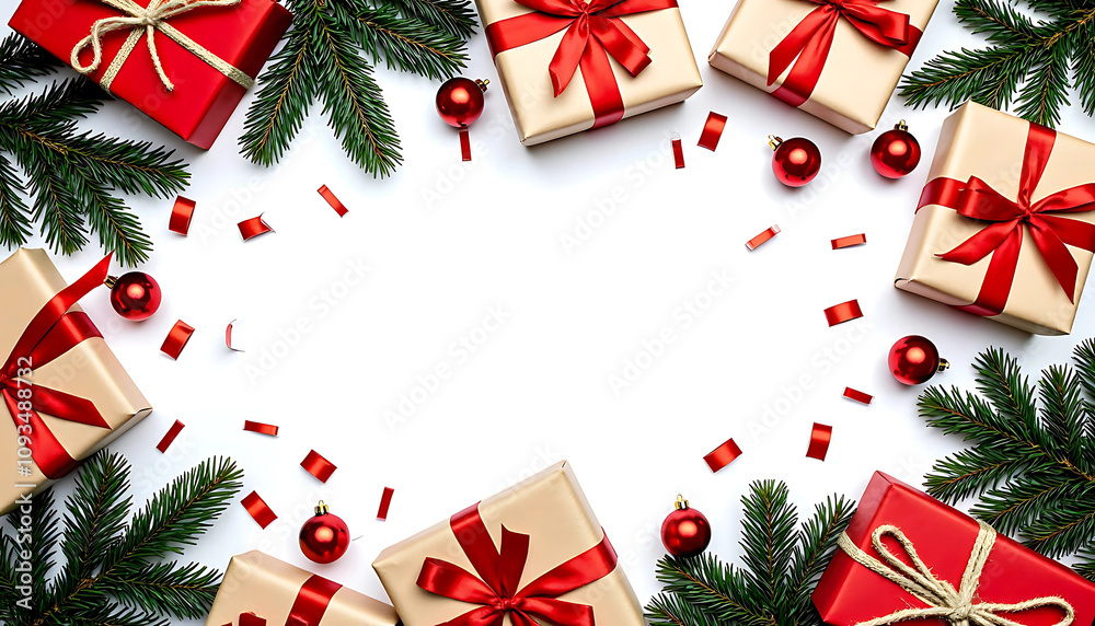 Christmas Presents with Greenery and Red Ornaments on White Background. for Holiday Celebrations, Seasonal Decorations, Joyful Atmosphere Christmas Presents with Greenery and Red Ornaments on White Background. for Holiday Celebrations, Seasonal Decorations, Joyful Atmosphere
