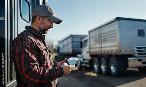 Professional Male Truck Driver Using Tablet in Front of His Vehicle, Capturing Operational Data and Managing Logistics in a Busy Transportation Environment