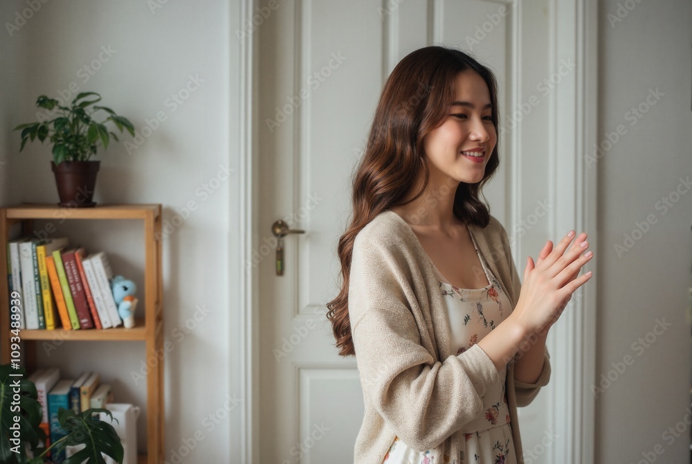 Photograph of a smiling, light-skinned woman with long brown hair, wearing a floral top and beige cardigan, clapping hands happy in a bright room. Photograph of a smiling, light-skinned woman with long brown hair, wearing a floral top and beige cardigan, clapping hands happy in a bright room.