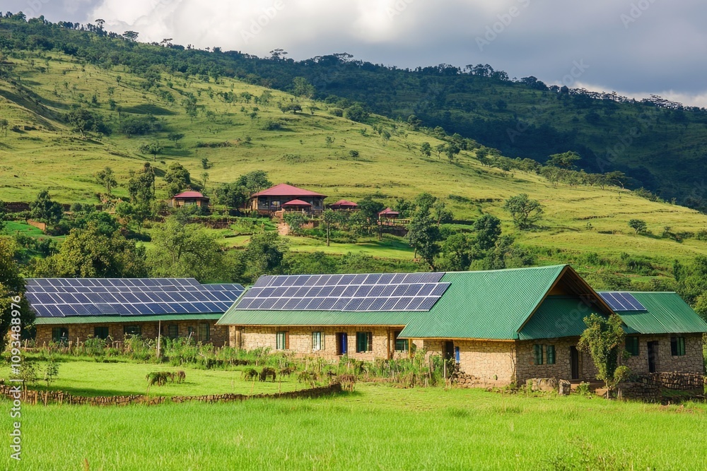 Obraz premium Sustainable Energy: Solar Panel Installation on Rural Lodge in Scenic Landscape