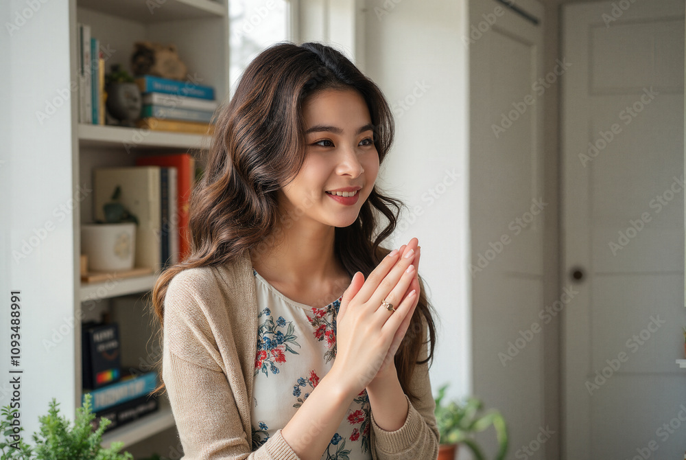 Photograph of a smiling, light-skinned woman with long brown hair, wearing a floral top and beige cardigan, clapping hands happy in a bright room. Photograph of a smiling, light-skinned woman with long brown hair, wearing a floral top and beige cardigan, clapping hands happy in a bright room.