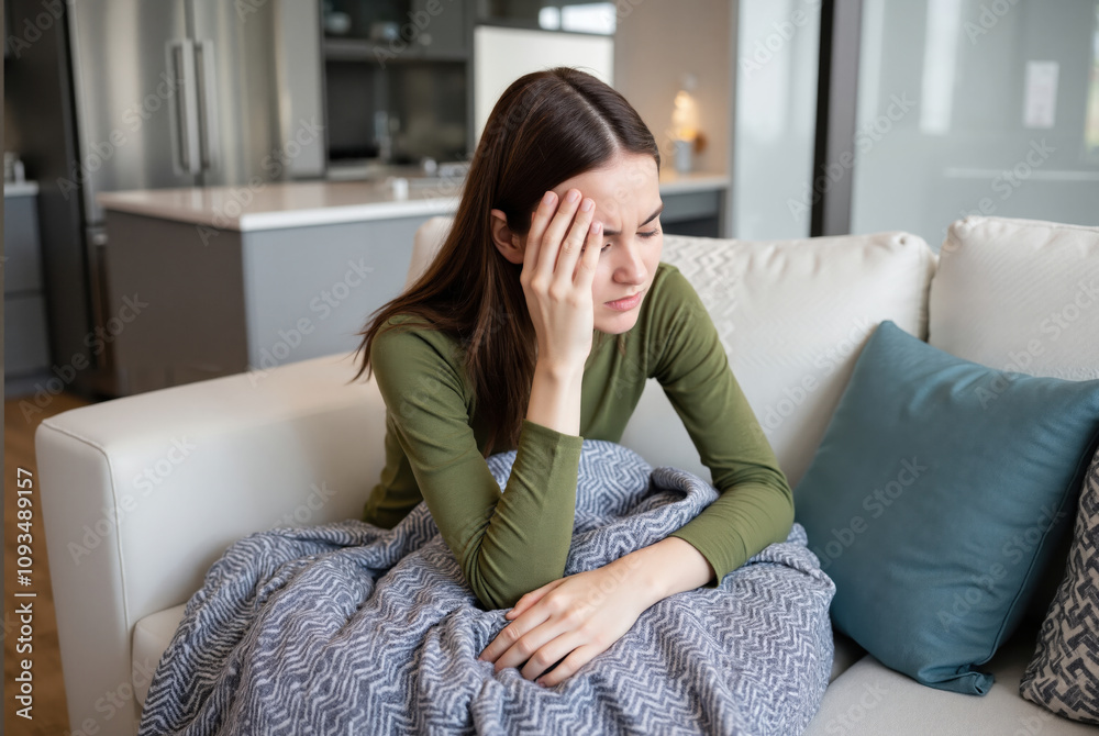 Photograph of an Asian woman sitting on couch with stress mood in a modern kitchen. Photograph of an Asian woman sitting on couch with stress mood in a modern kitchen.