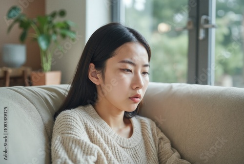 A woman in a blue sweater rests her head on a beige couch, eyes closed, in a serene, softly-lit room. Free Download A woman in a blue sweater rests her head on a beige couch, eyes closed, in a serene, softly-lit room. - GFXLoad
