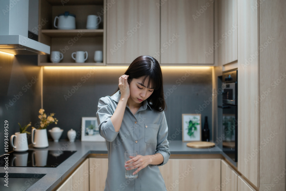Photograph of an Asian woman tried with shoulder-length dark hair, wearing a green shirt, holding a glass in a modern kitchen. Photograph of an Asian woman tried with shoulder-length dark hair, wearing a green shirt, holding a glass in a modern kitchen.