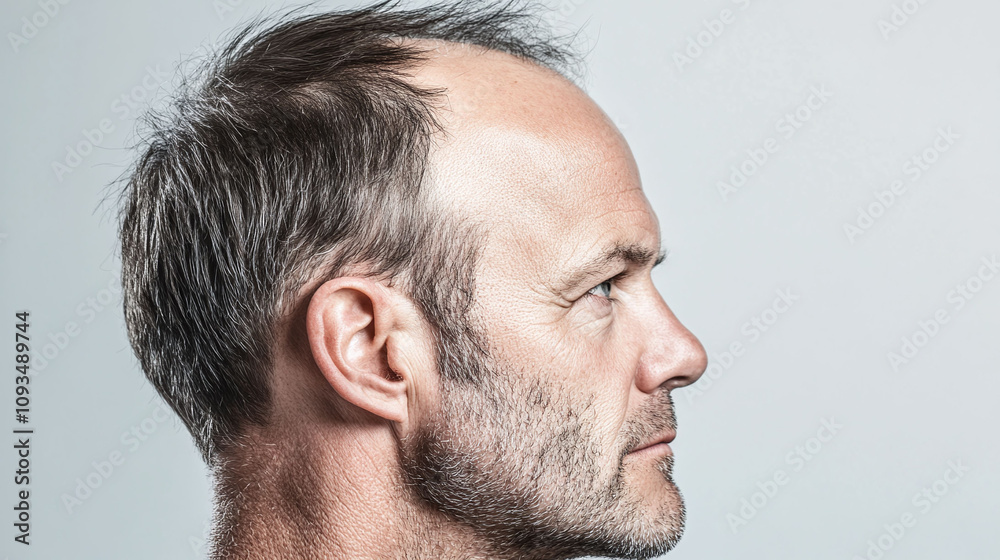Middle-aged man with a horseshoe pattern of balding his hairline receding and crown thinning Middle-aged man with a horseshoe pattern of balding his hairline receding and crown thinning