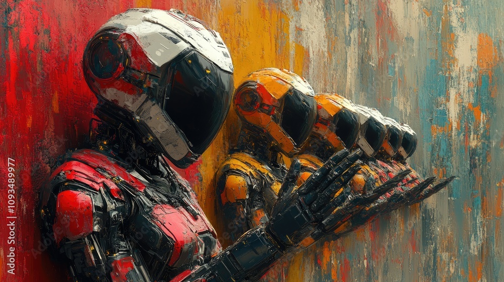 Obraz premium A futuristic depiction of humanoid robots against a textured backdrop, exploring technology and identity.