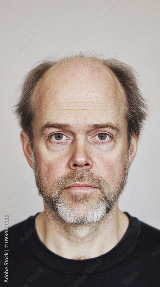 Middle-aged man with a horseshoe pattern of balding his hairline receding and crown thinning Middle-aged man with a horseshoe pattern of balding his hairline receding and crown thinning