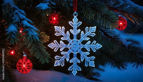 Christmas scene with snowflake on fir branch backdrop, and red and white lights all around. photo